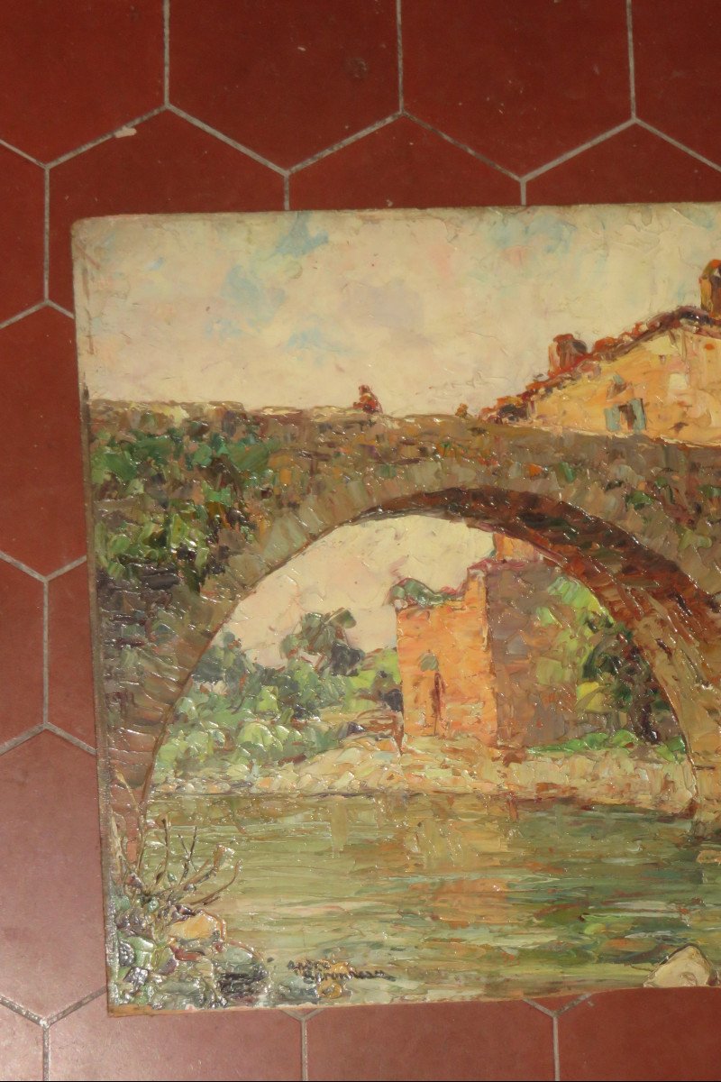 "old Bridge", Saint Privat, Panel Painting, Early 20th Century.-photo-2