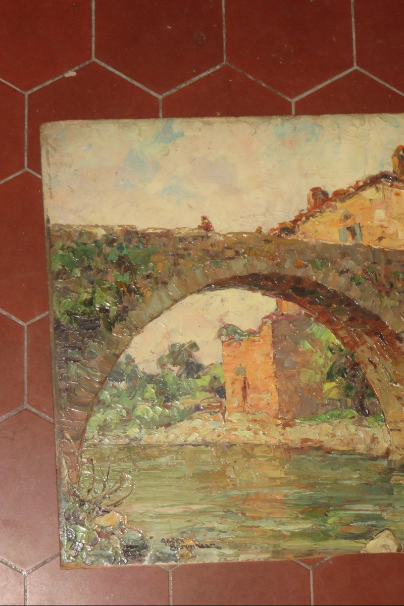 "Vieux  Pont",  Saint Privat, peinture sur Panneau, époque début 20 ème.-photo-2