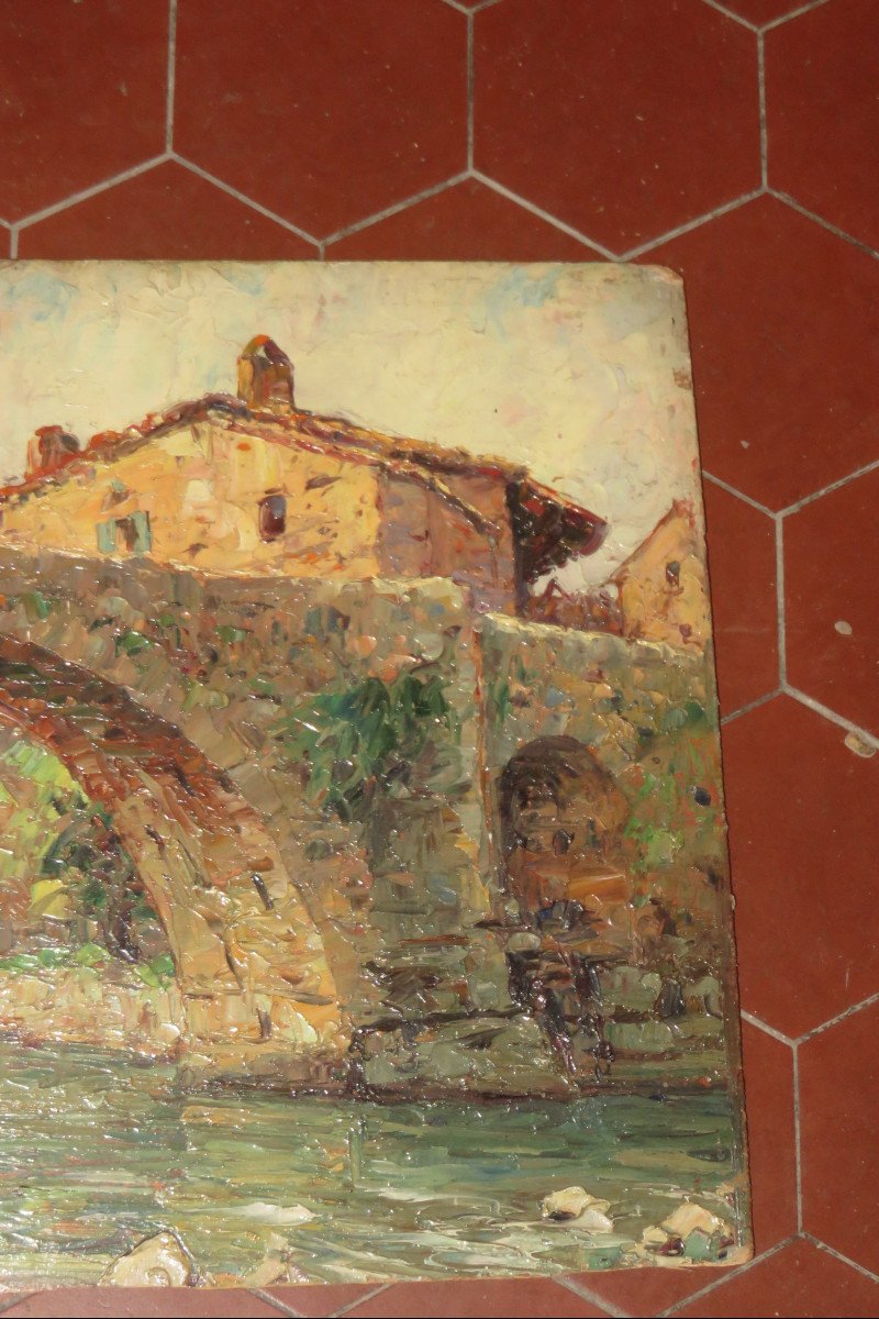 "Vieux  Pont",  Saint Privat, peinture sur Panneau, époque début 20 ème.-photo-3