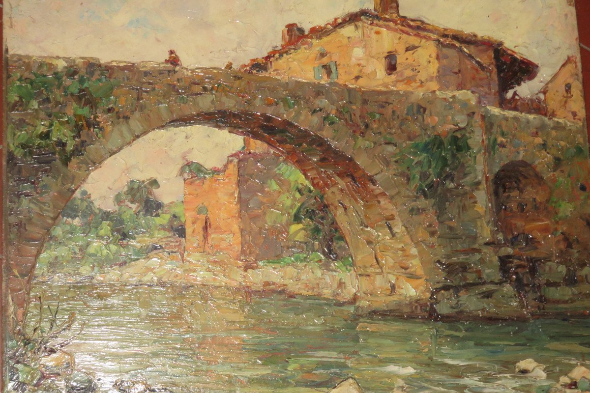 "Vieux  Pont",  Saint Privat, peinture sur Panneau, époque début 20 ème.-photo-4