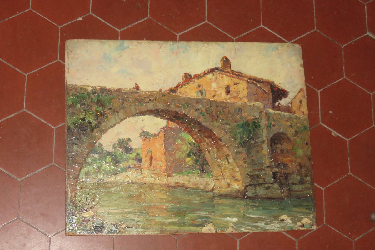 "Vieux  Pont",  Saint Privat, peinture sur Panneau, époque début 20 ème.