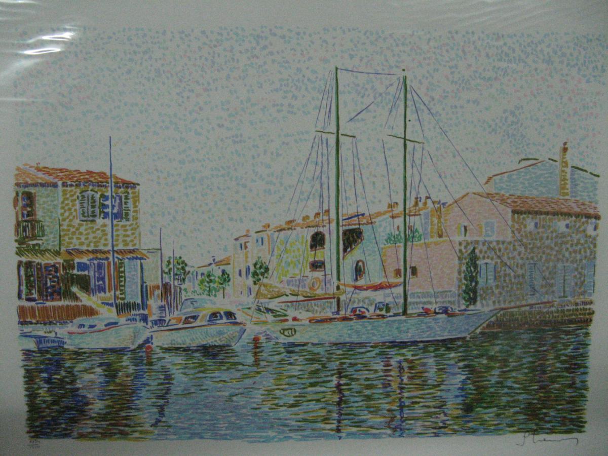 Marine : Port Grimaud, Lithographie Originale, Signée, Numérotée.-photo-3