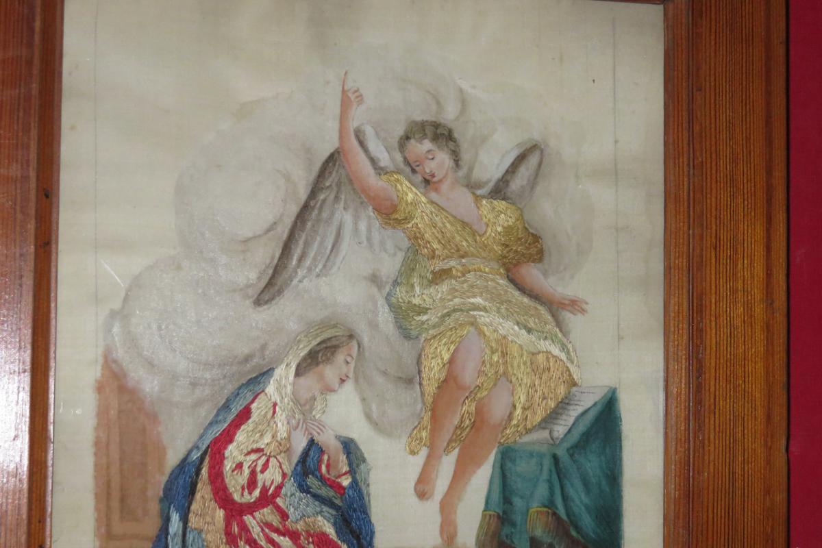 Lady With An Angel, Embroidery And Watercolor, 19th Time.-photo-3