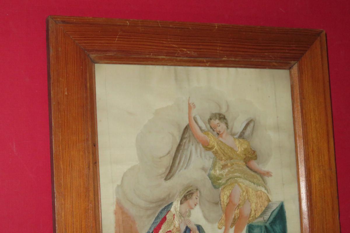  La Vierge Avec Un Ange, Broderie Et Aquarelle, époque 19ème.-photo-4