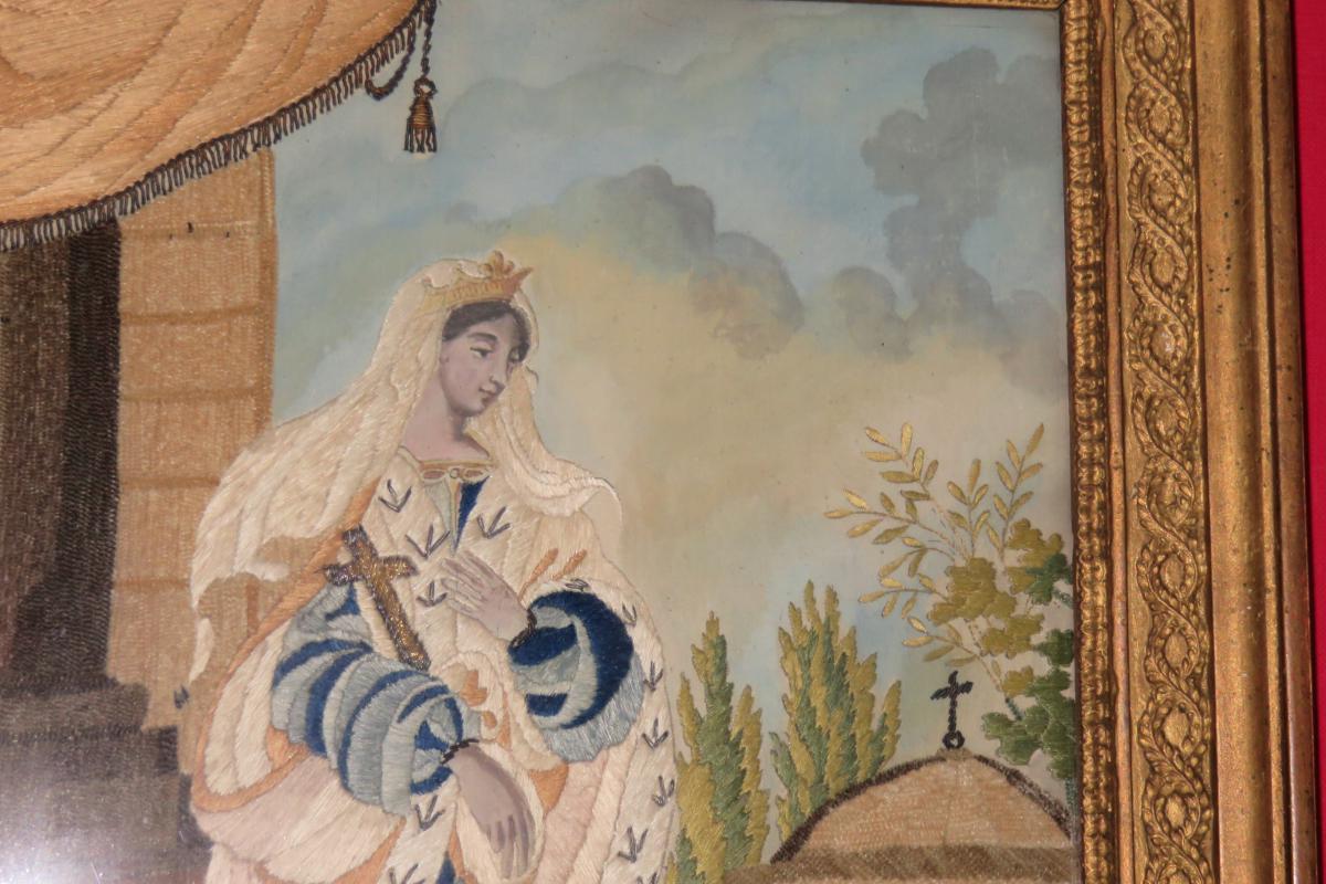 Jeune Femme Avec Une Croix, Broderie Et Aquarelle époque 19ème.-photo-1