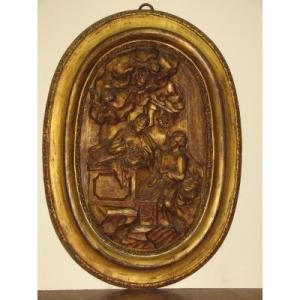Scene With Christ, In Carved Wood, Gilded, 18th Century.