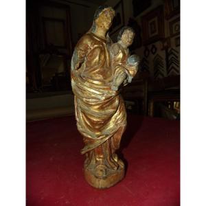 Virgin And Child, Late 17th Century Statue, In Golden Wood.