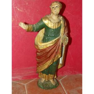 Statue Of Saint In Carved Wood, 18th Century.