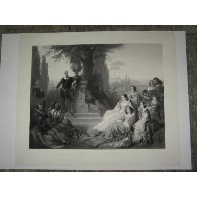 Gravure En Noire Et Blanc, scène de genre, 19ème.