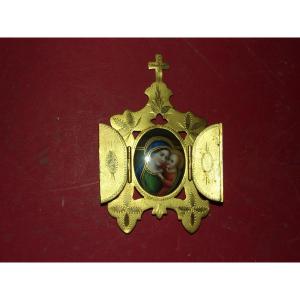  Copper Oratory, Virgin And Child, Porcelain, 19th Century.