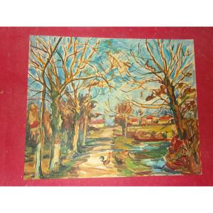 Landscape With Poultry, Large Painting By Aimet Vallat, 20th Century.