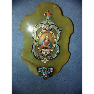 Bénitier mural en marbre et émail cloisonné, époque fin 19ème.