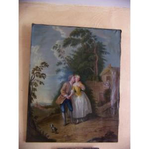 Scène Galante, Large Oil On Canvas From The 18th Century.