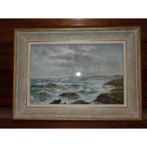 "ocean Shore," Pastel By Eugène Sénamaux, 20th Century.