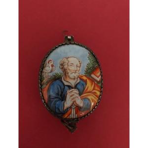 18th-century Devotional Reliquary With Double-enamel Painting Depicting Saint Peter And Saint Anne.