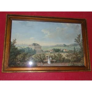 Elegant Country Estate; Large Original Gouache Painting From The 19th Century, Empire Period.