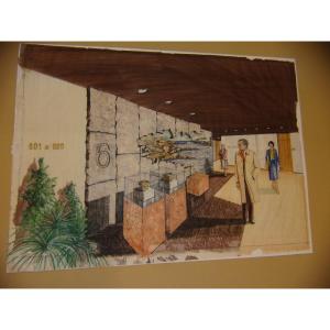 Dessin, Perspective d’architecture intérieure sur papier calque des années 1960.