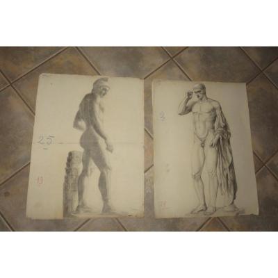 Two Large Drawings Of Nudes From The Early 20th Century.