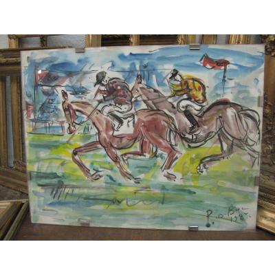 Aquarelle Signée Roland Dubuc, Chevaux De Courses, 20ème.