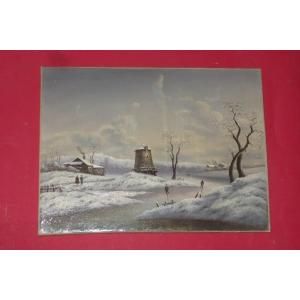 Landscape, Winter Scene, Skaters On A Canal, 19th Century Painting.