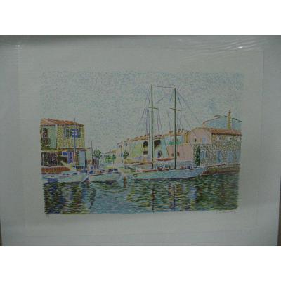 Marine : Port Grimaud, Lithographie Originale, Signée, Numérotée.