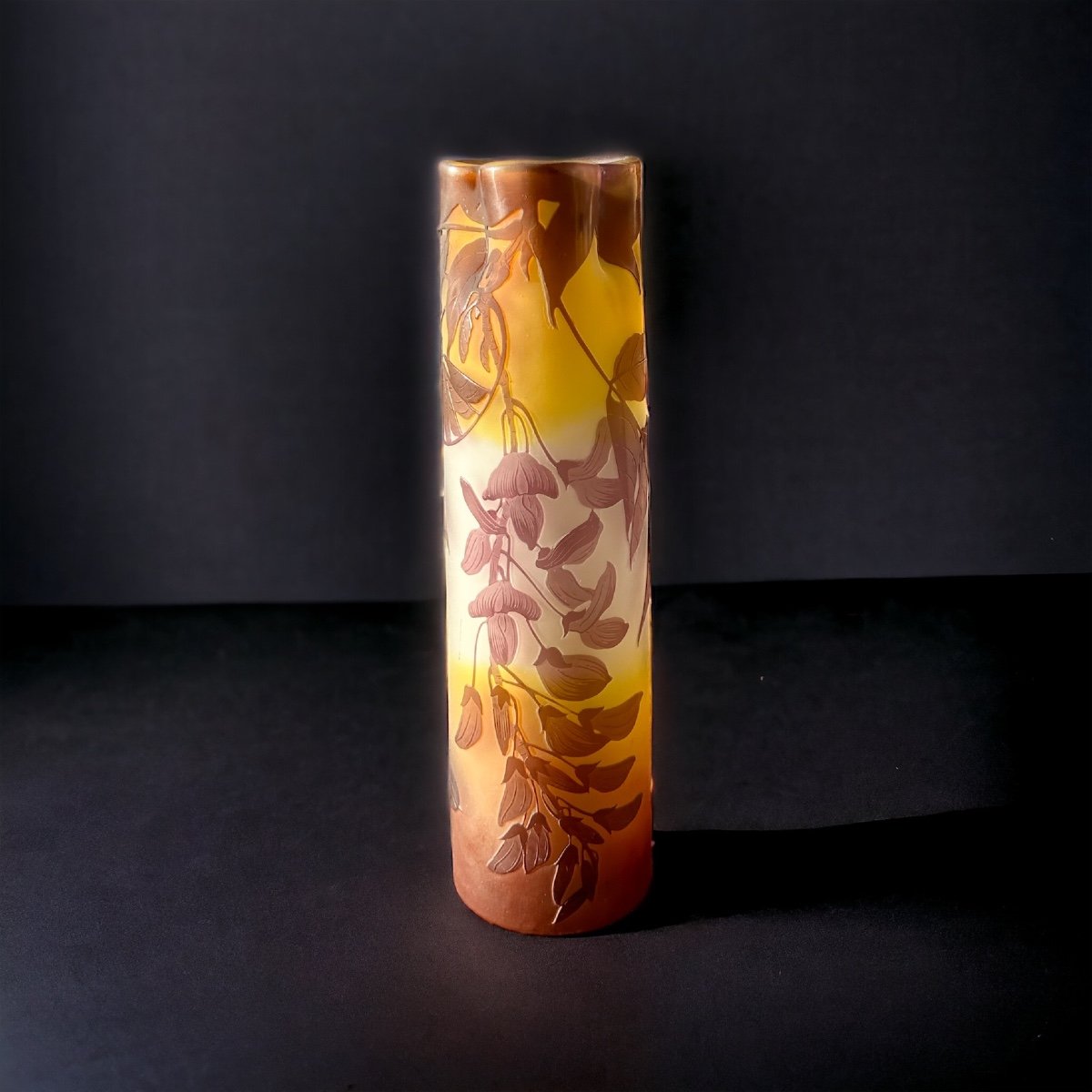 Vase Gallé Forme Bambou ( Col Trilobé ) à Decor De Glycine -photo-2
