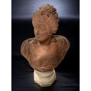 Bust Young Woman In Terracotta White Marble Base Late 18th Century