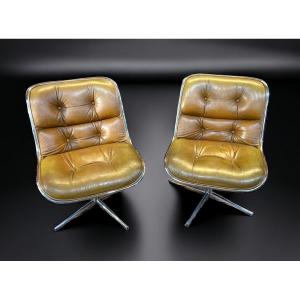 Pair Of Vintage Leather Armchairs By Charles Pollock For Knoll