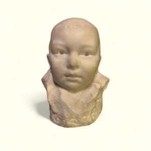 Child's Head In Carrara Marble Signed Y. Lemeur