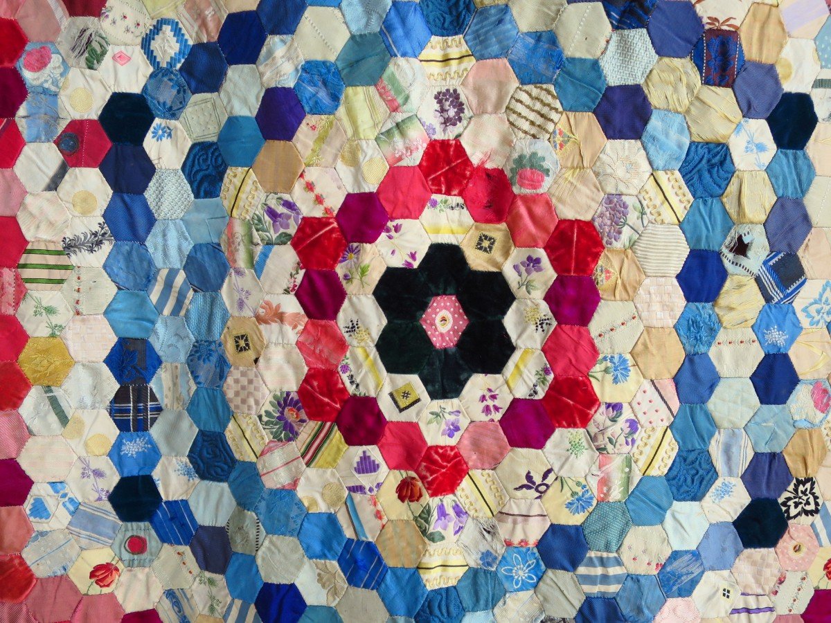 Patchwork à l'hexagone ancien, XIX°, soie, satin, velours -photo-2