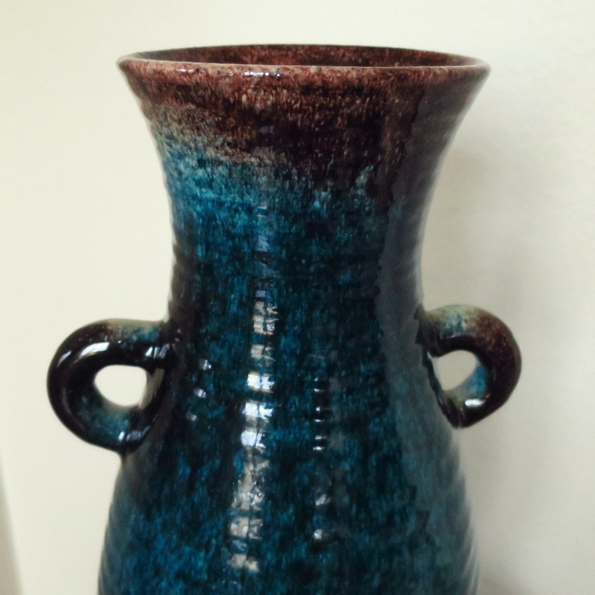 Grand vase ACCOLAY bleu et marron moucheté, circa 1950-photo-4