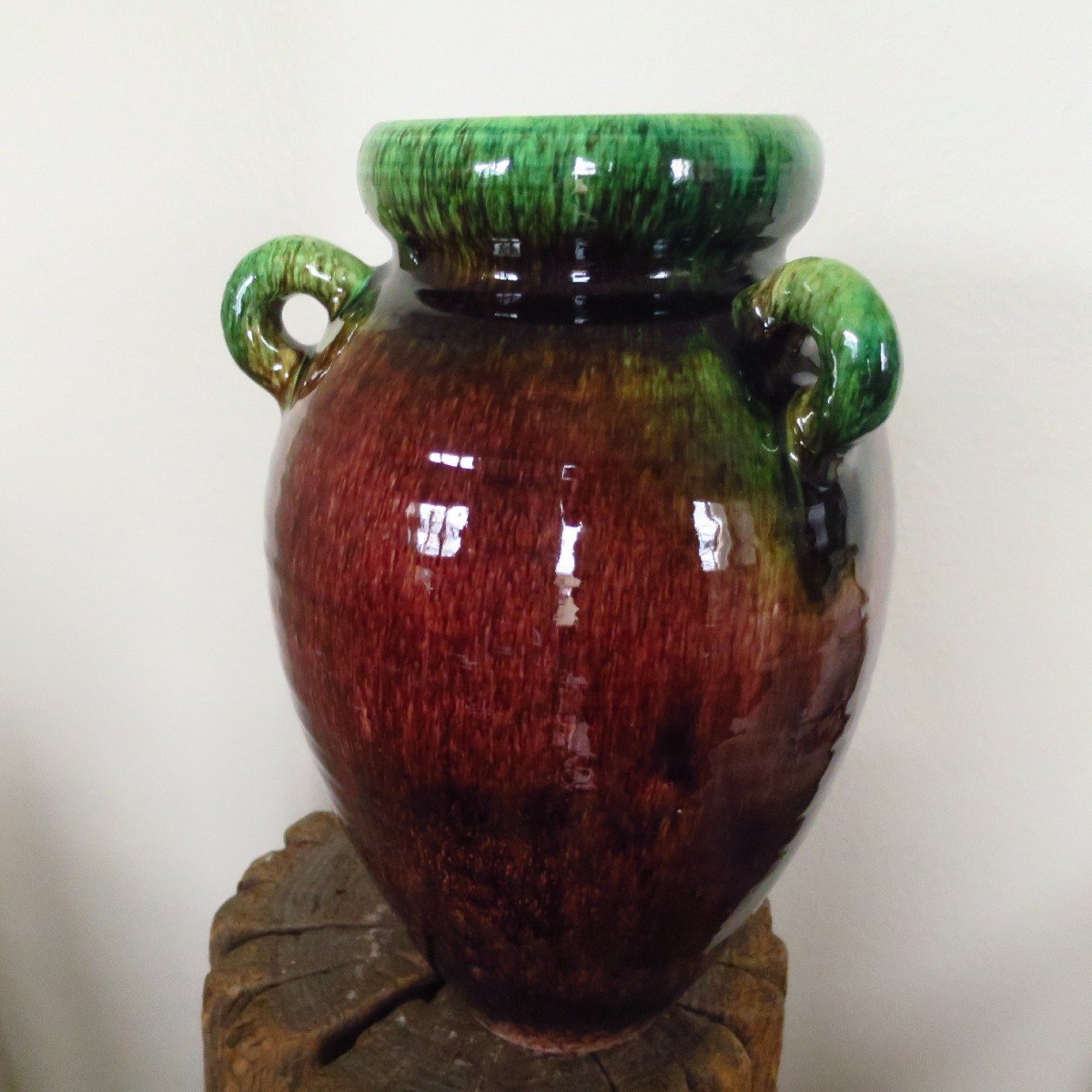 Grand vase ACCOLAY vert et marron moucheté, circa 1950