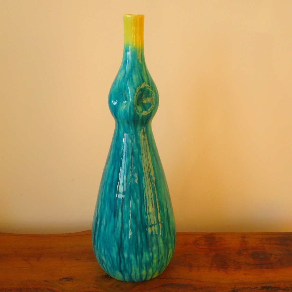 Turquoise Blue And Yellow Accolay Pitcher Vase Circa 1950-photo-2