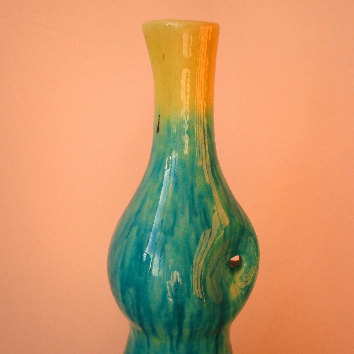 Turquoise Blue And Yellow Accolay Pitcher Vase Circa 1950-photo-1