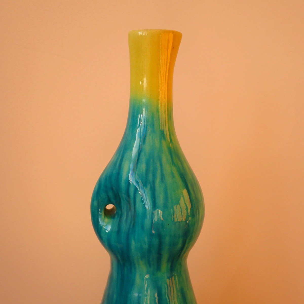 Turquoise Blue And Yellow Accolay Pitcher Vase Circa 1950-photo-2