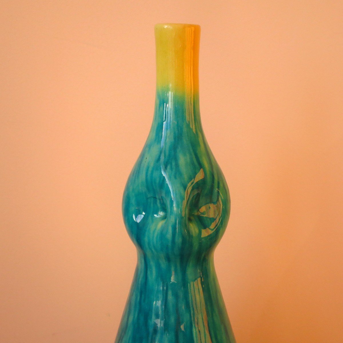 Turquoise Blue And Yellow Accolay Pitcher Vase Circa 1950-photo-3