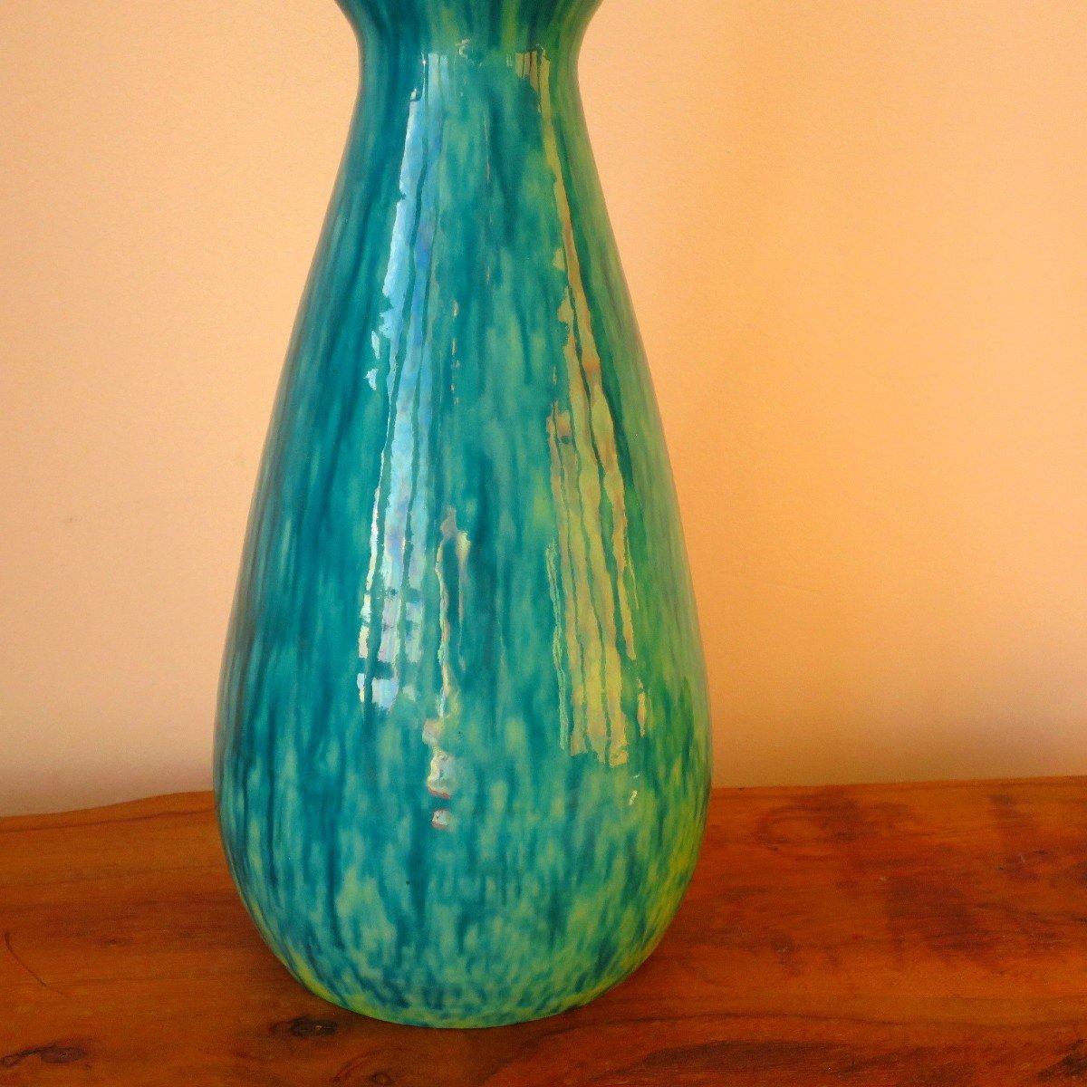 Turquoise Blue And Yellow Accolay Pitcher Vase Circa 1950-photo-5