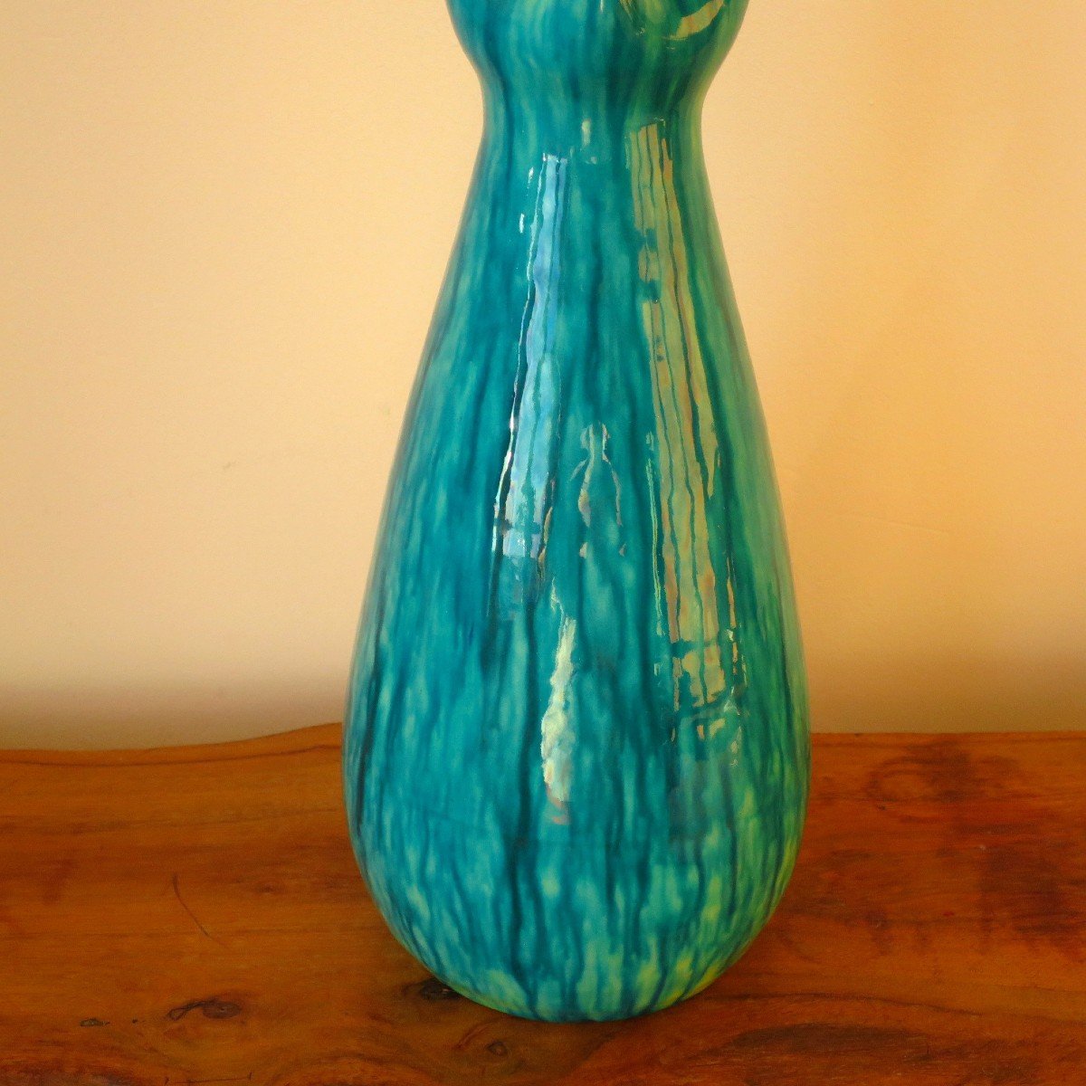 Turquoise Blue And Yellow Accolay Pitcher Vase Circa 1950-photo-6