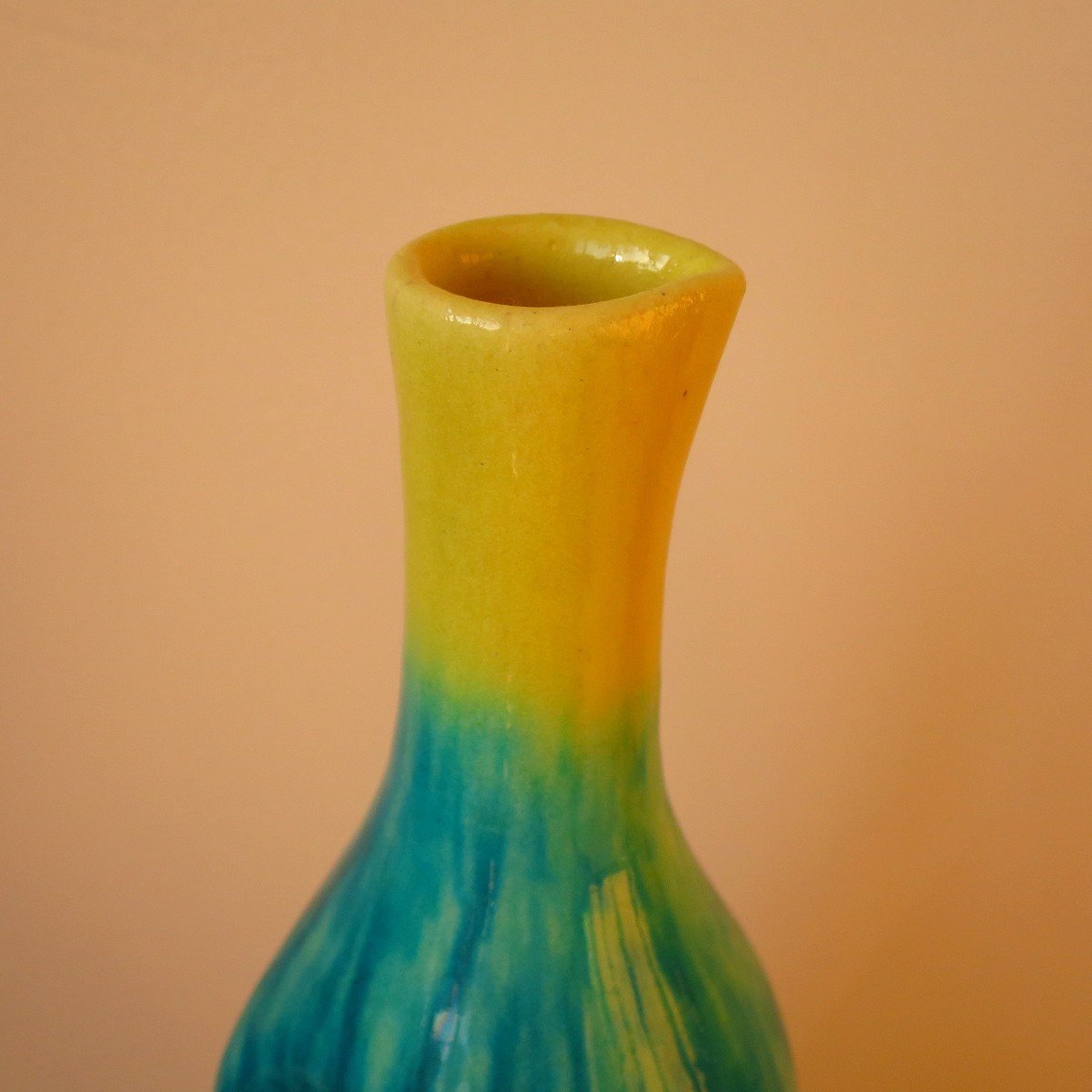 Turquoise Blue And Yellow Accolay Pitcher Vase Circa 1950-photo-7