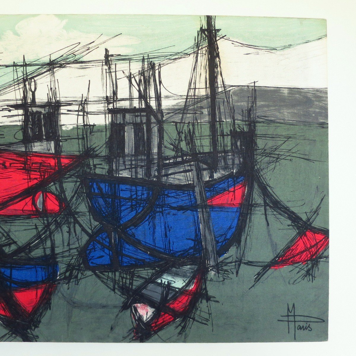 Silkscreen Tapestry "the Boats" From M Paris Circa 1950-photo-3