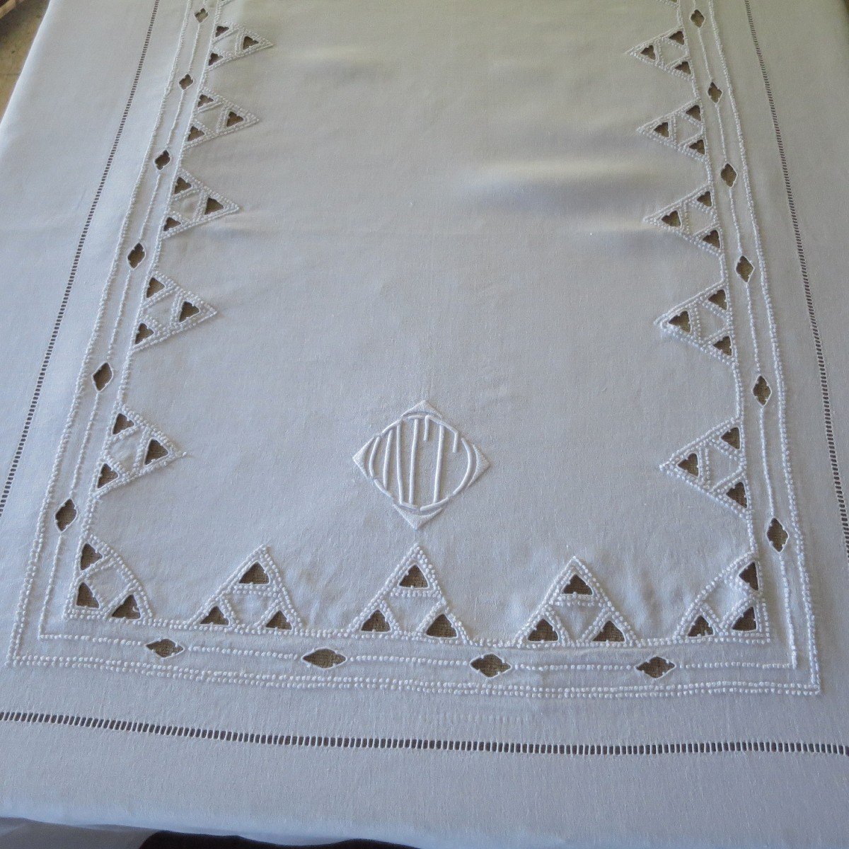 Old Tablecloth, Granite Linen, Hand Embroidered, Monogrammed Nt, Circa 1925-photo-2