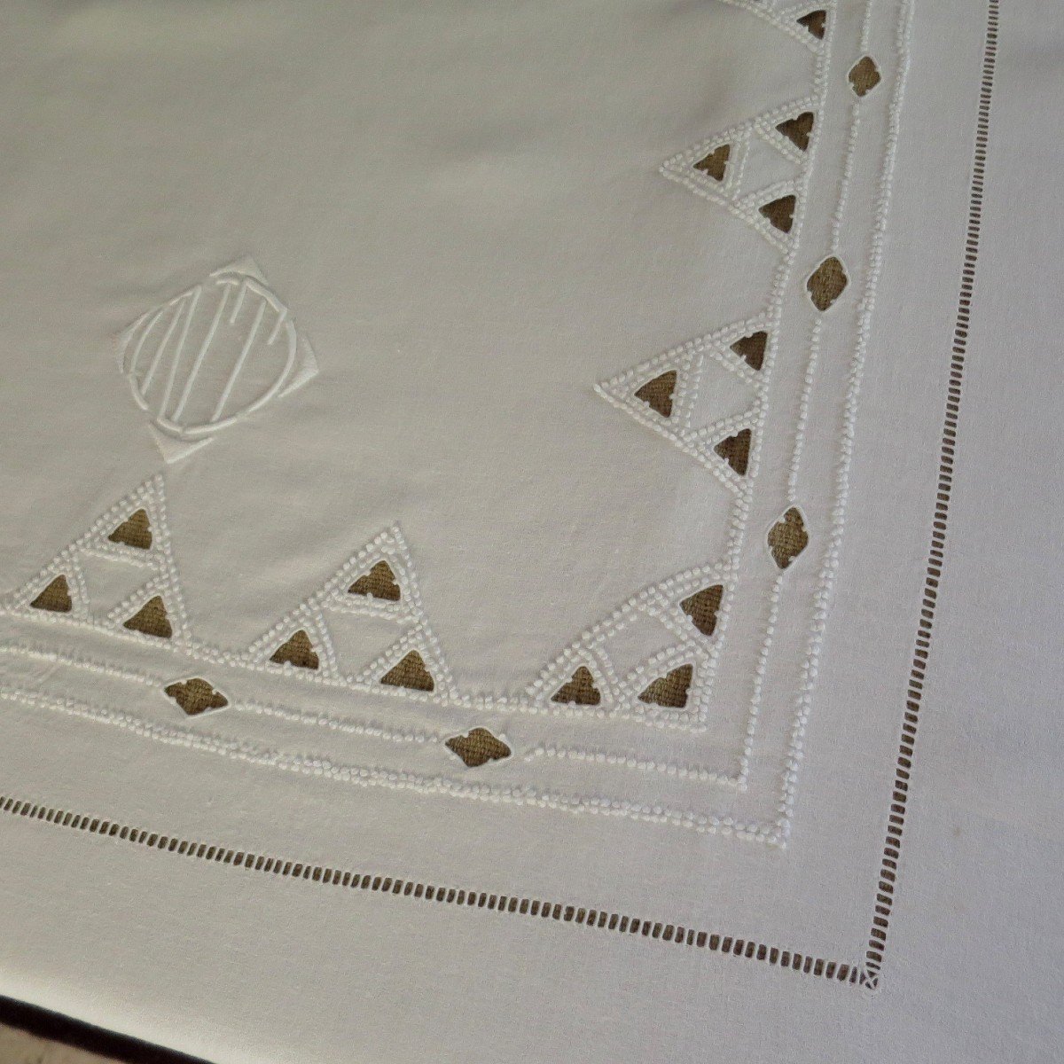Old Tablecloth, Granite Linen, Hand Embroidered, Monogrammed Nt, Circa 1925-photo-4