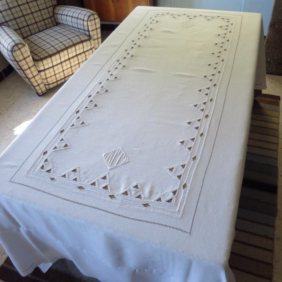 Old Tablecloth, Granite Linen, Hand Embroidered, Monogrammed Nt, Circa 1925