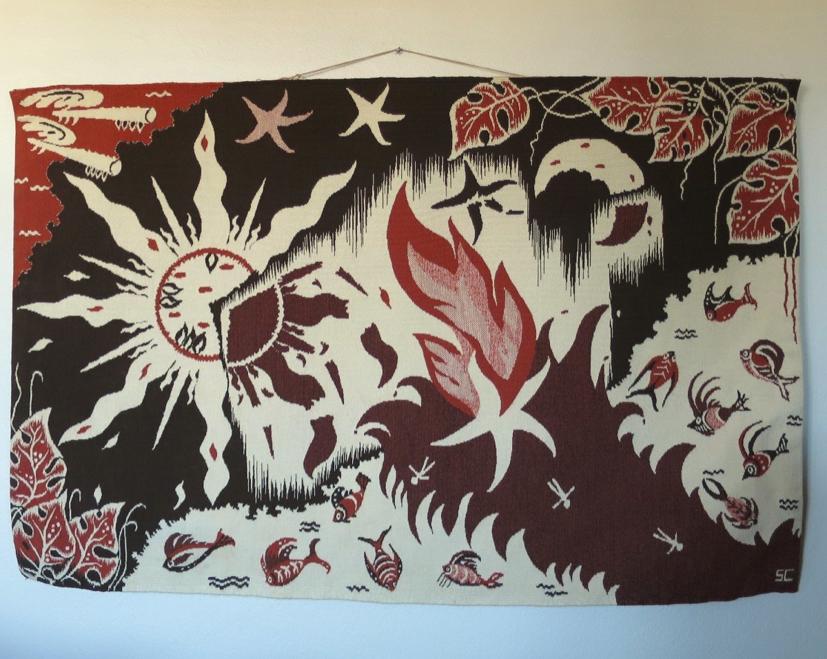 Hand-woven Tapestry, "apocalypse", 1960s, Signed Sc
