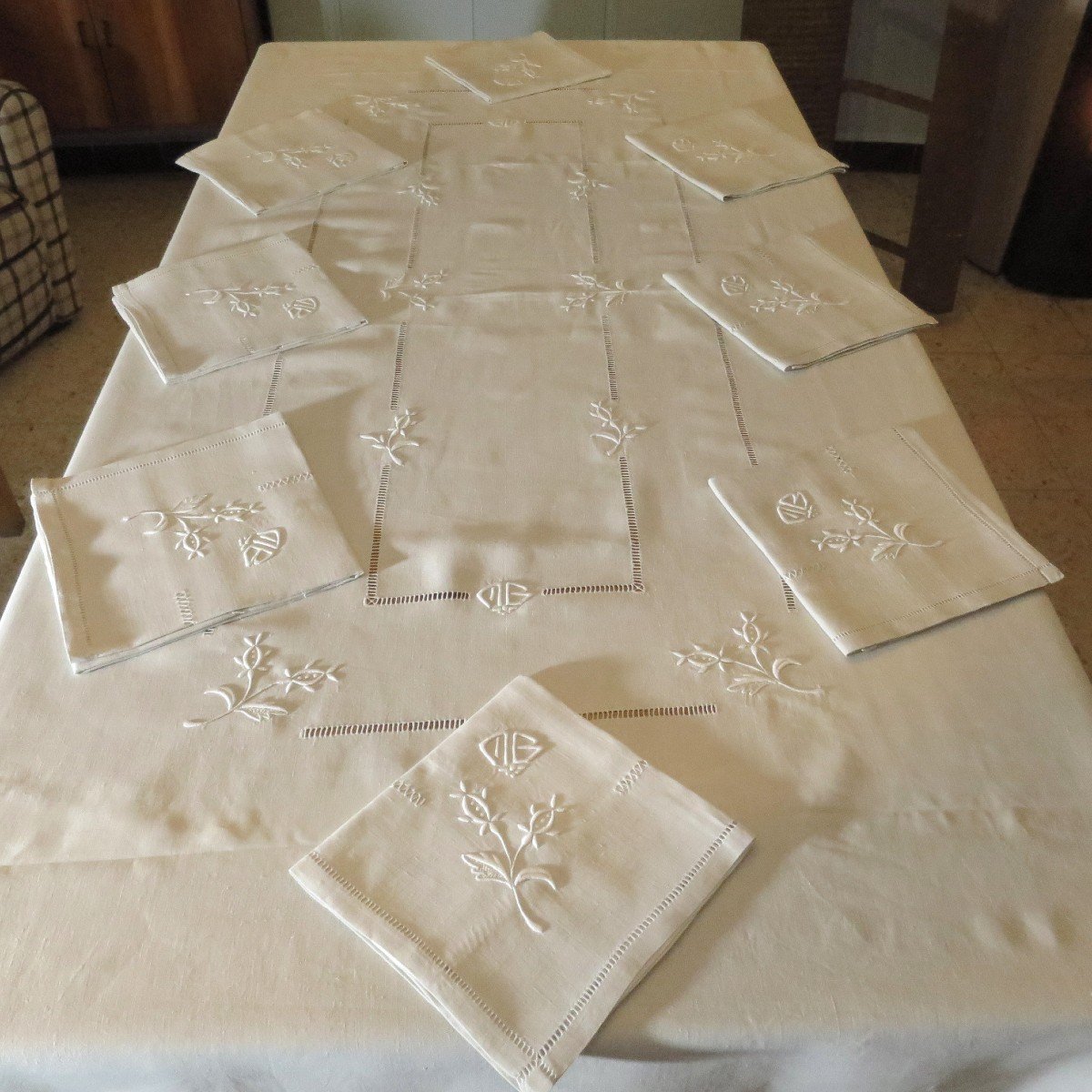 Linen Table Service, Hand Embroidered, Monogrammed Mb, Circa 1925