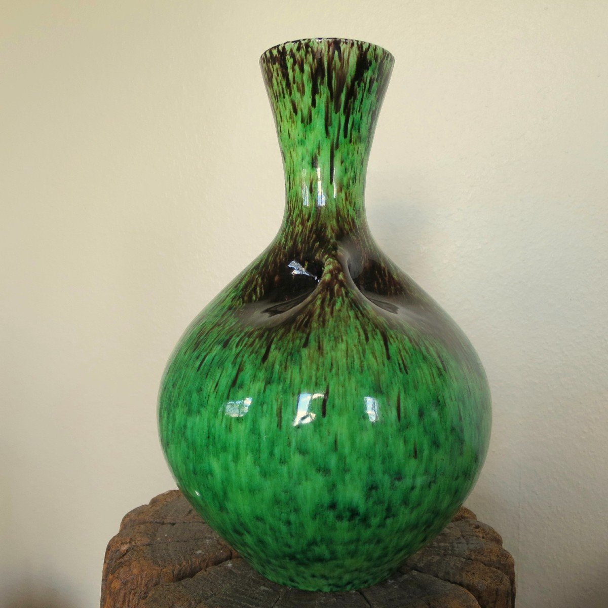 Vase vintage en céramique d'Accolay vert et marron, 1950-photo-1