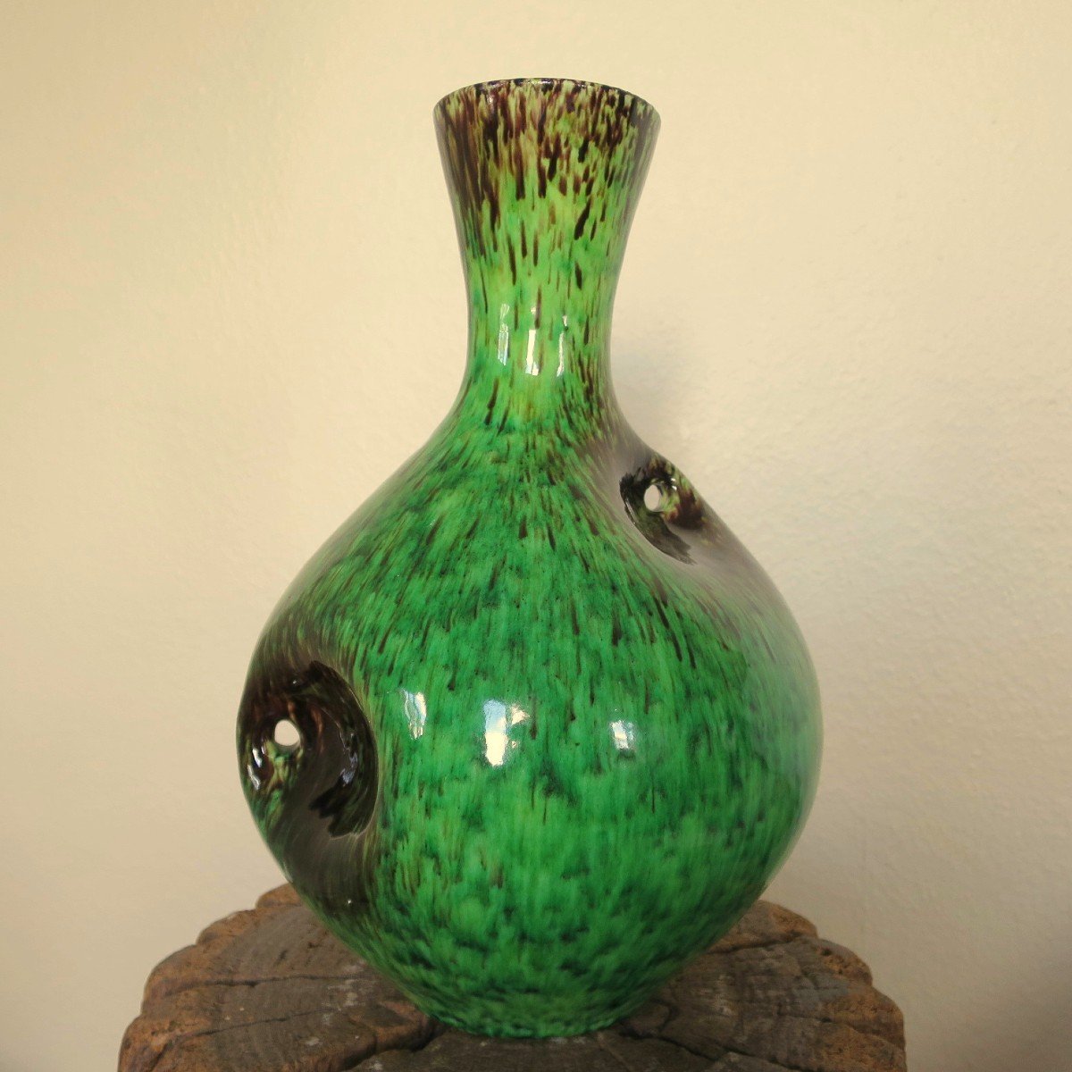Vase vintage en céramique d'Accolay vert et marron, 1950