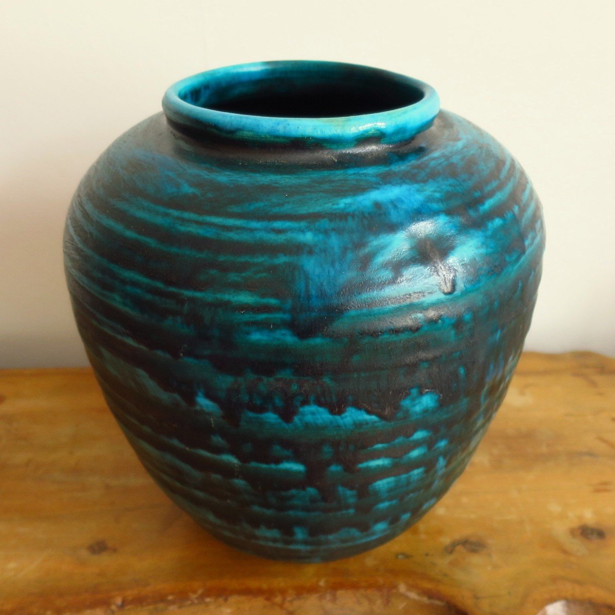 Vase  en céramique d'Accolay bleue, série gauloise, 1950-photo-1