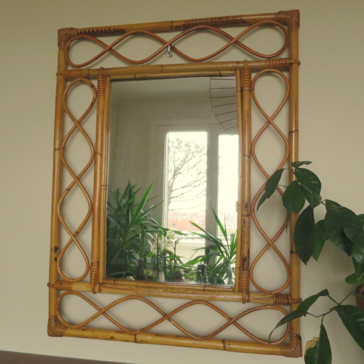 Miroir bambou rotin rectangulaire, 1960