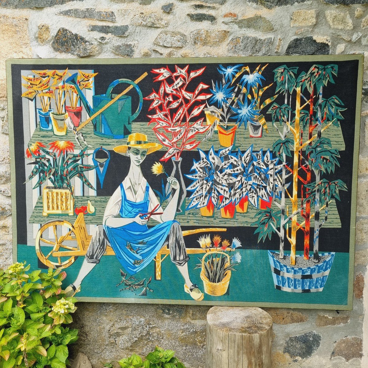 Silkscreen Tapestry "the Florist" By Robert Debieve Around 1950